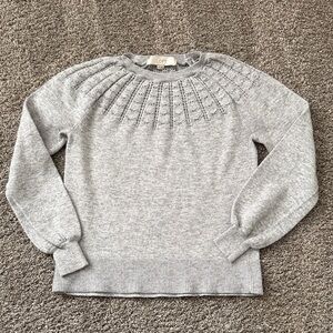 LOFT Light Heather Gray Knit Crewneck Sweater with Textured Yoke